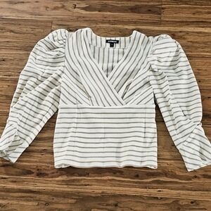 Express Cream and Gold Striped Poplin Quarter Sleeved Blouse